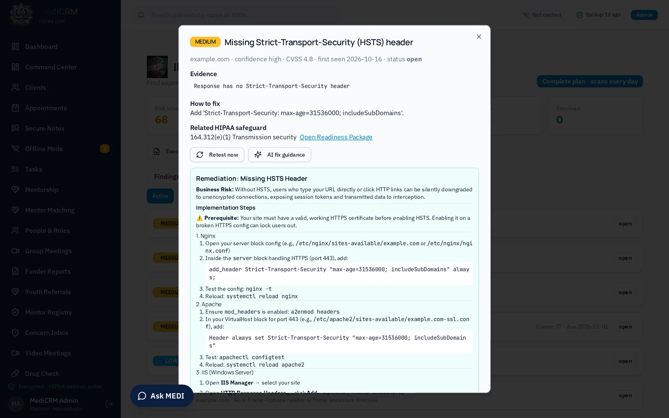 Each finding with evidence, fix steps, HIPAA mapping and AI guidance
