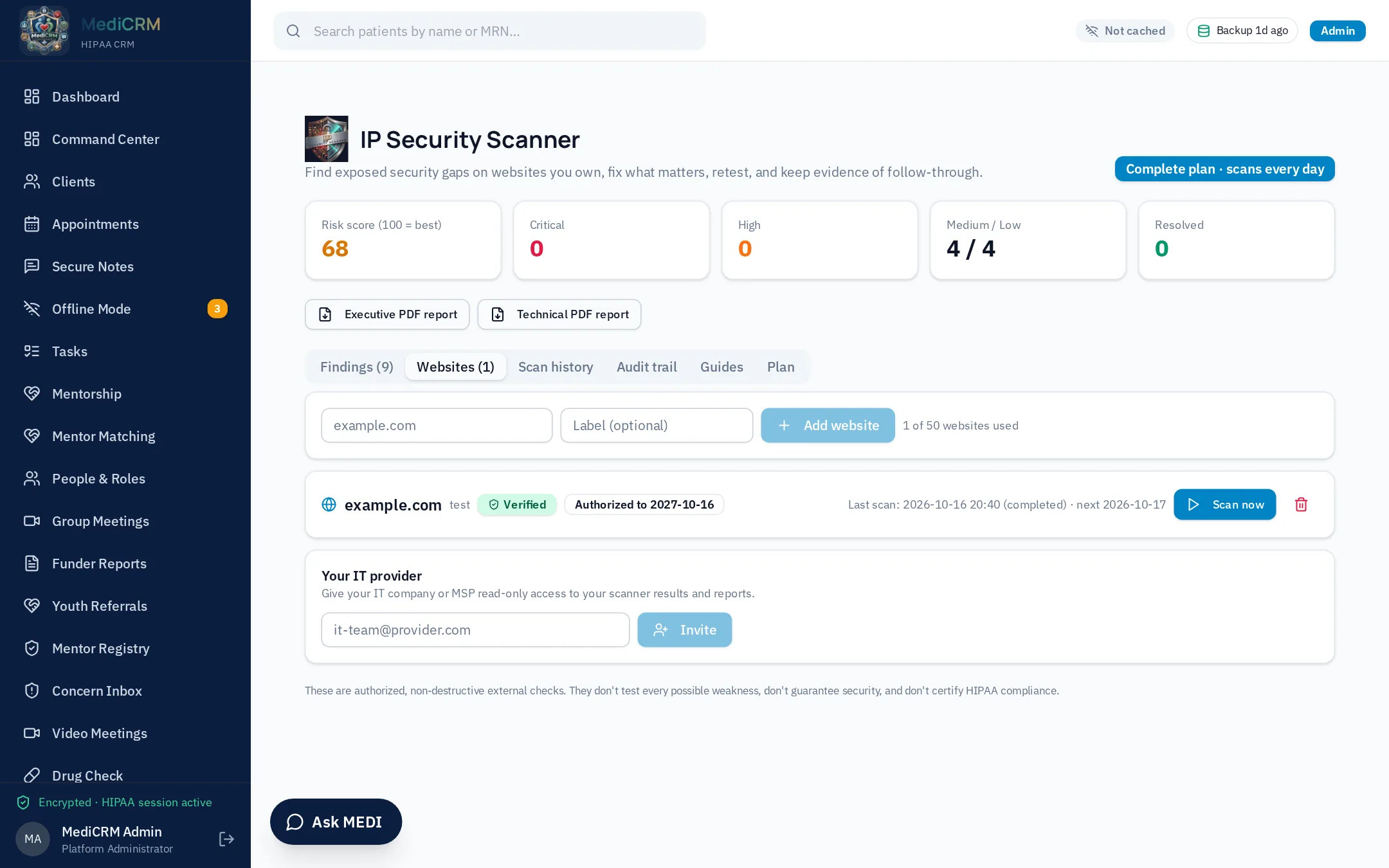 Domain verification and scan authorization before any scan